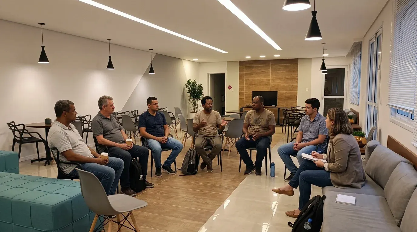 Moradores sentados em roda, conversando no salão