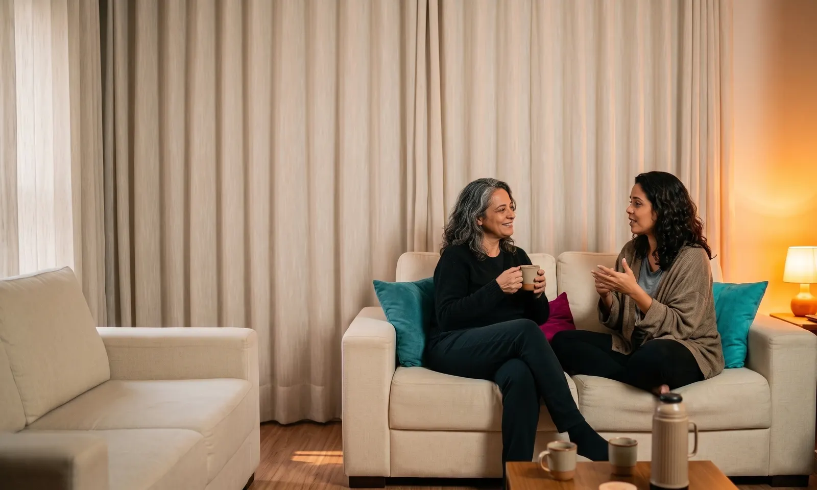 Duas mulheres conversando em um sofá